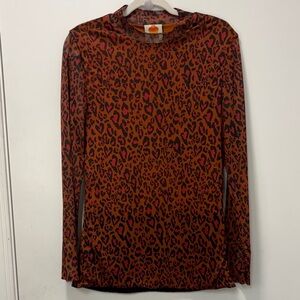 FARM RIO LEOPARD PRINT TOP CANDY COLOR,SHEER TULLE MESH,LONG SLEEVE SIZE L